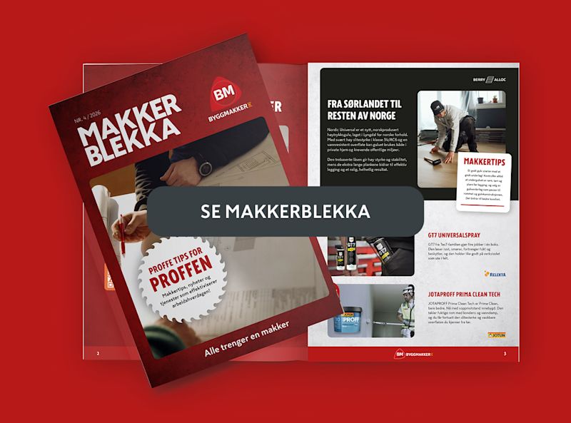 Forsiden og en innside av Byggmakker-bladet "Makkerblekka" med teksten "Se Makkerblekka" på rød bakgrunn.