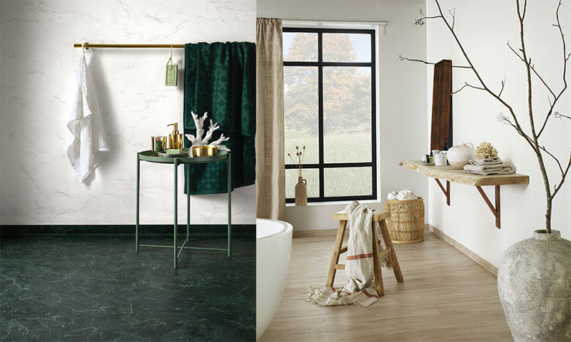 Venstre: mørkt grønn marmorbad med gullinnredning. Høyre: lyst beige bad med trehyller og plante.