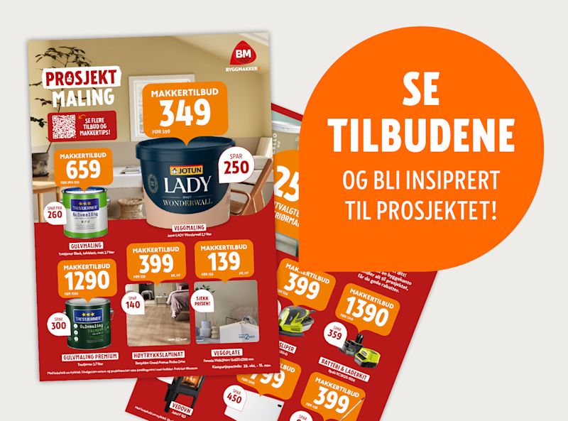 Reklameplakat for Byggmakker med prosjekt maling-tilbud, inkludert Jotun Lady maling og andre produkter til nedsatte priser.