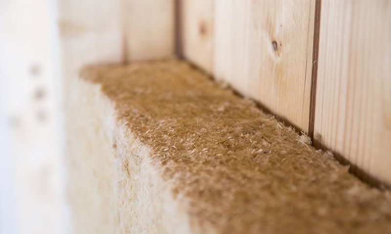 Gulbrun trefiberisolasjon mot lyse trepaneler innendørs.