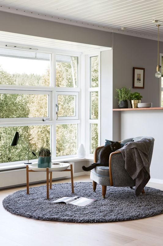 Lyst lesekrok med stort vindu, grå stol med pledd og svart katt på grått teppe.