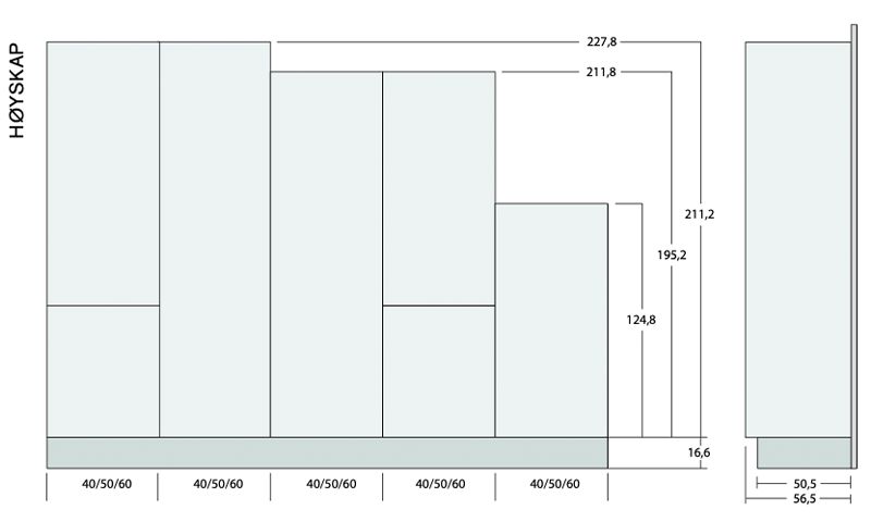 Skisse av lysegrå høy- og underskap med mål (bredde 40/50/60 cm, høyde 124–228 cm)