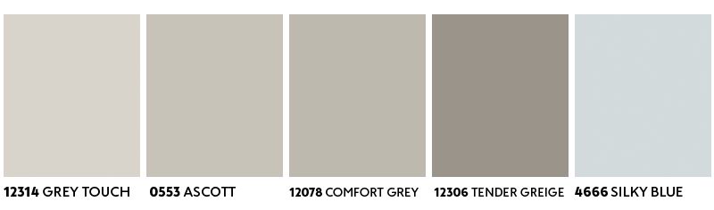 Horisontal rad med seks duse fargeprøver fra offwhite via beige og taupe til lys blågrå