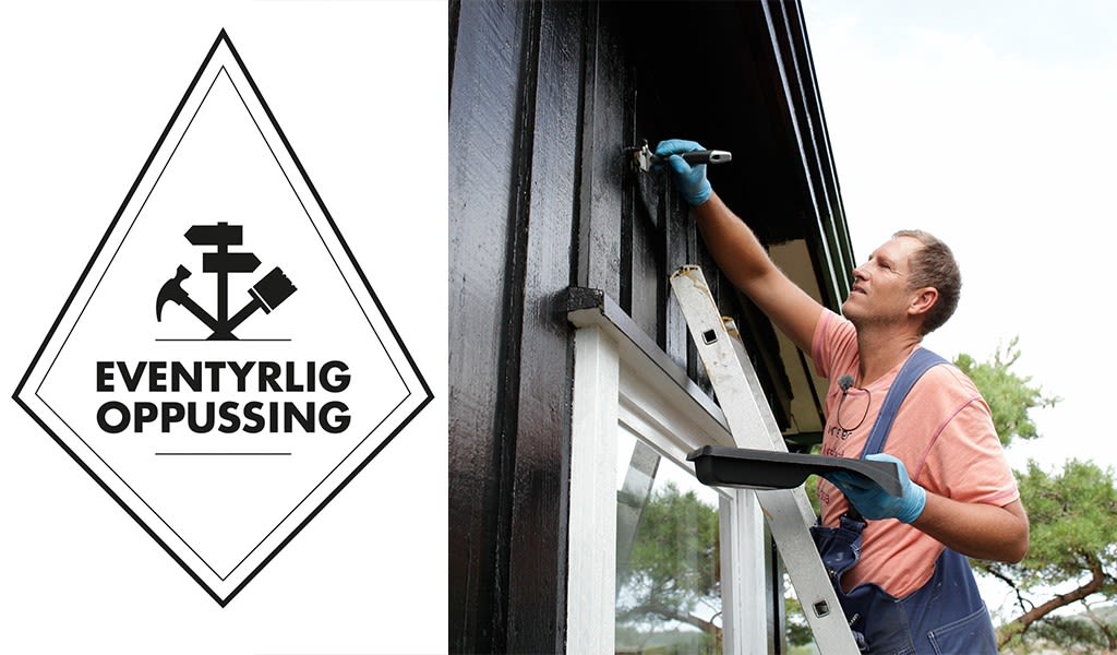 Svart-hvitt diamantlogo med hammer, pensel og skilt og mann som maler svart trefasade.