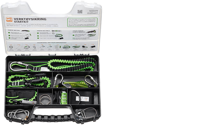Åpent kit for verktøysikring i gjennomsiktig koffert med svarte og grønne løkker og karabinkroker