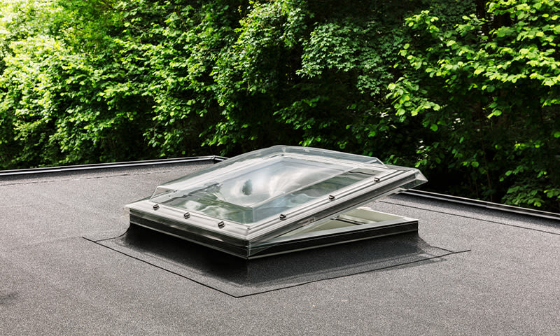 Åpent gjennomsiktig takvindu med grå metallramme på svart flatt tak, tett grønn skog bak.