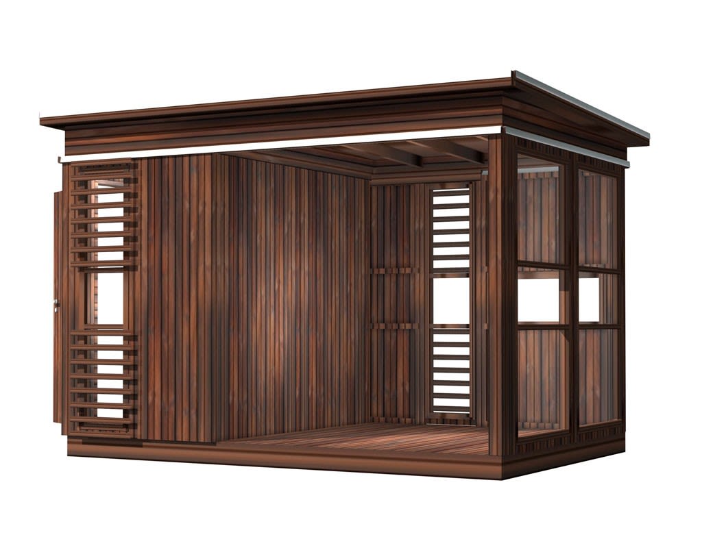 Moderne utehus i mørkebrunt tre med flatt tak, lameller og store vindusfelt