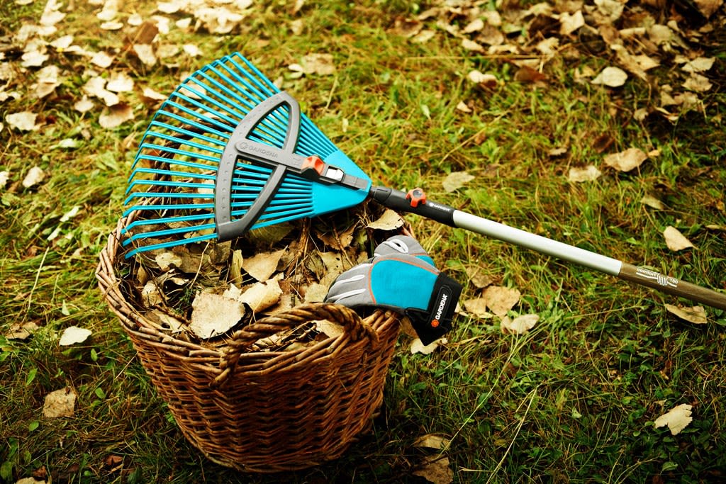 Blå løvrive og blå-hvite hansker på kurv med brune høstløv på gressplen