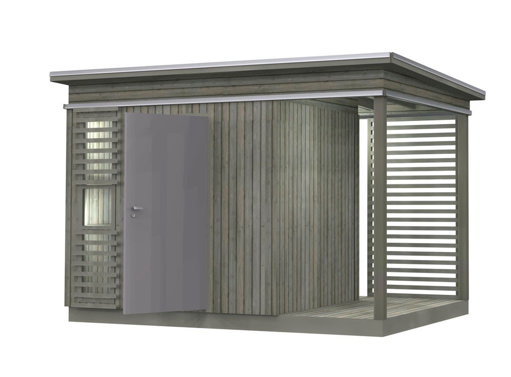 Liten moderne hagebod i grått tre med åpen dør og pergola med horisontale spiler.