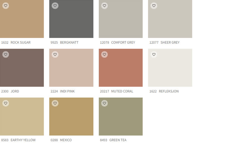 Rutenett med 11 fargeprøver i jordtoner, grått, korall, gult og grønt, med koder og hjerteikoner.