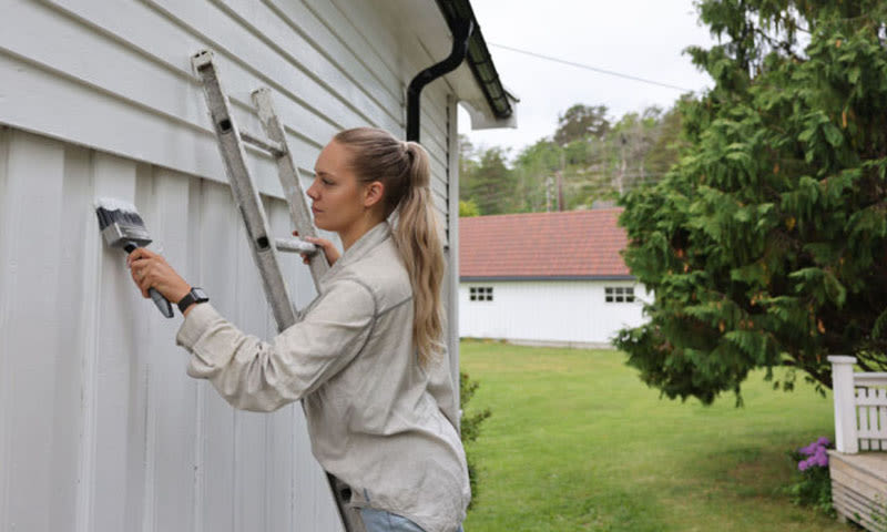 kvinne maler hvitt hus utendørs på stige