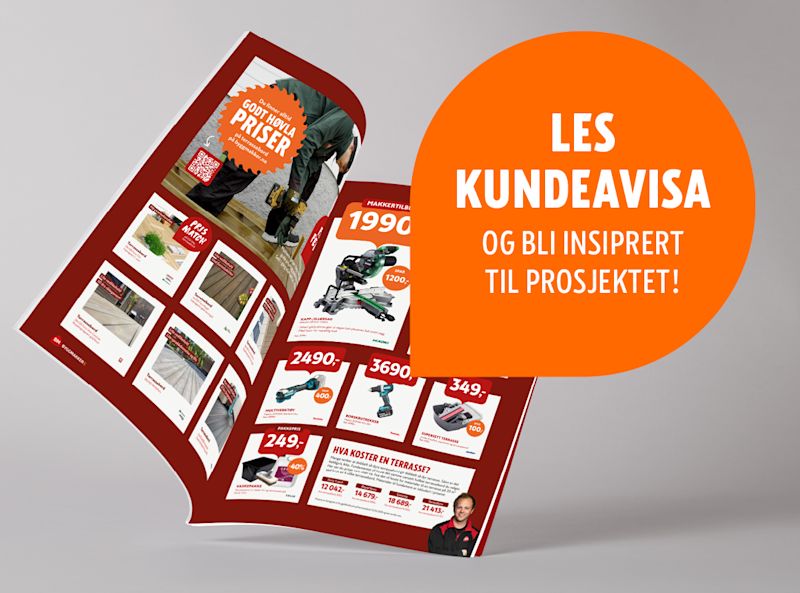 Åpen kundeavis med verktøy og byggevarer til gode priser, med oransje sirkel som oppfordrer til å lese for inspirasjon.
