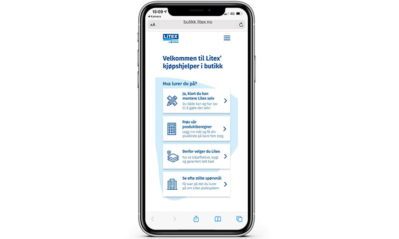 iPhone-skjerm viser Litex kjøpshjelper i butikk, blå-hvit liste med fire menyer.