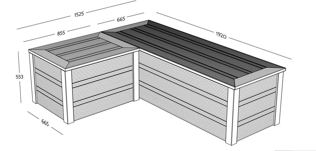 Svart-hvitt tegning av to sammenføyd L-formede plantekasser med mål og horisontale trelameller.