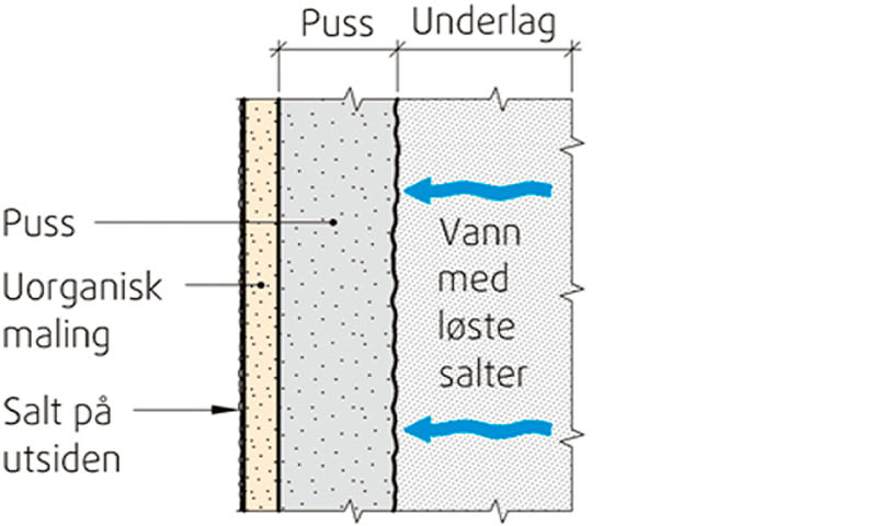 Snitt av vegg: grå puss, gul uorganisk maling med salt, blå piler viser saltvann fra underlaget