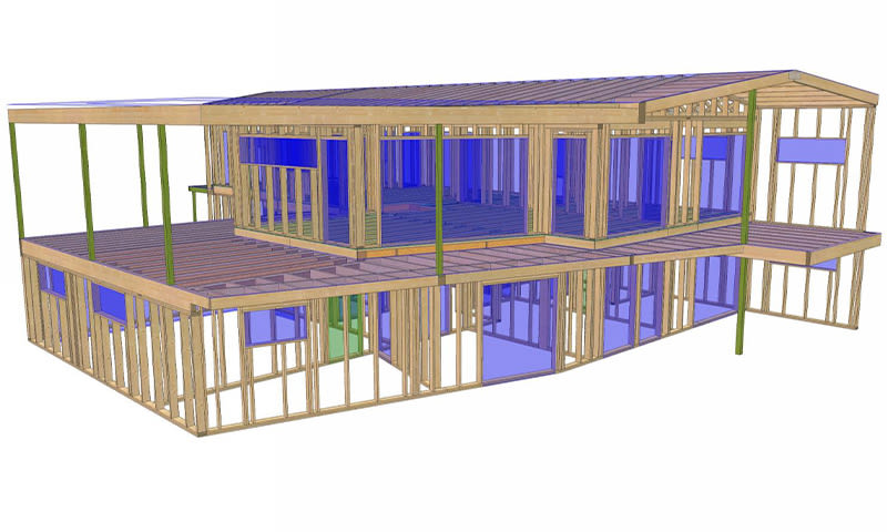 3D-modell av toetasjes hus i treverk med blå innvendig volum og grønne bærende stolper.