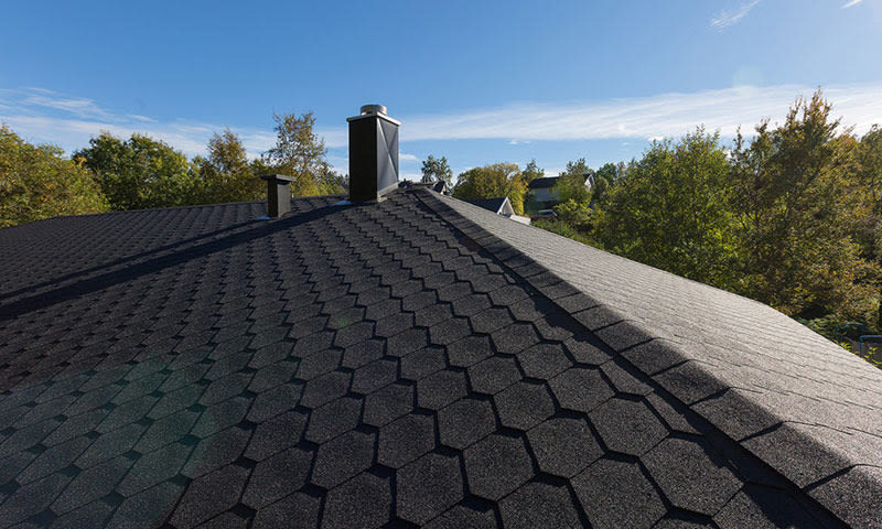 Mørk takshingel med sekskantmønster og pipe, omkranset av grønne trær under blå himmel