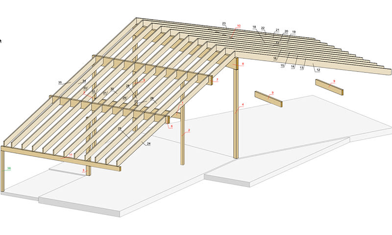 Beige takbjelker og stolper plassert på grå betongplate, merket med røde tall