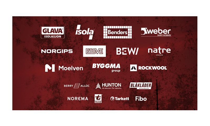 Logoer fra ulike byggevaremerker på mørkerød bakgrunn, inkludert Glava, Isola, Benders, Weber og flere andre leverandører.