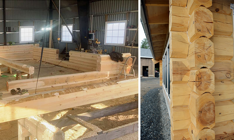 Til venstre: tømmervegg under bygging i metallhall. Til høyre: detalj av hjørne med merkede stokker.