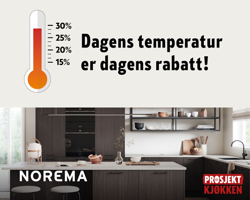 Norema kjøkkenreklame med termometer og teksten "Dagens temperatur er dagens rabatt!" over et mørkt, moderne kjøkken.