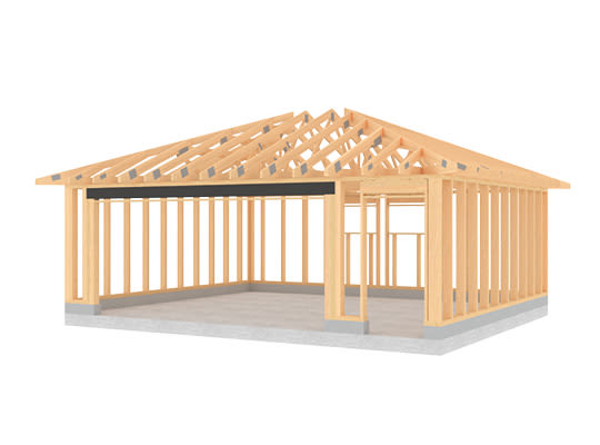 Åpen lyst treverk med sperrekonstruksjon på grå betongsåle mot hvit bakgrunn