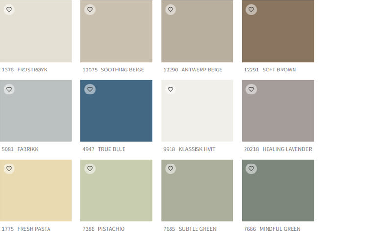 12 kvadratiske fargeprøver med koder og navn, i grått, beige, blått, hvitt, gul, lavendel og grønt.