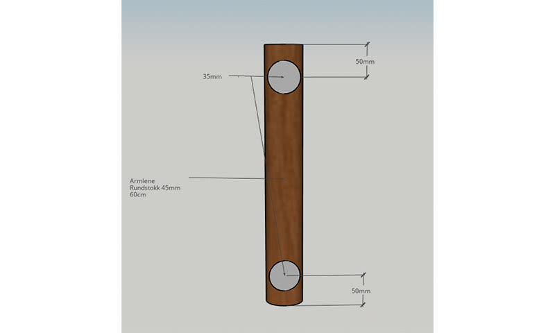 Brunt 45 mm rundt trebarmstøtte (60 cm) med to borehull 50 mm fra hver ende.