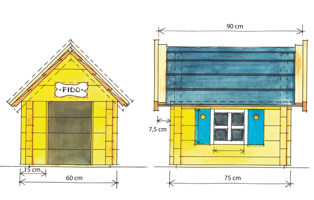 Håndtegnet gul hundehus med blå tak, vindu med skodder, “FIDO”-skilt og cm-mål.