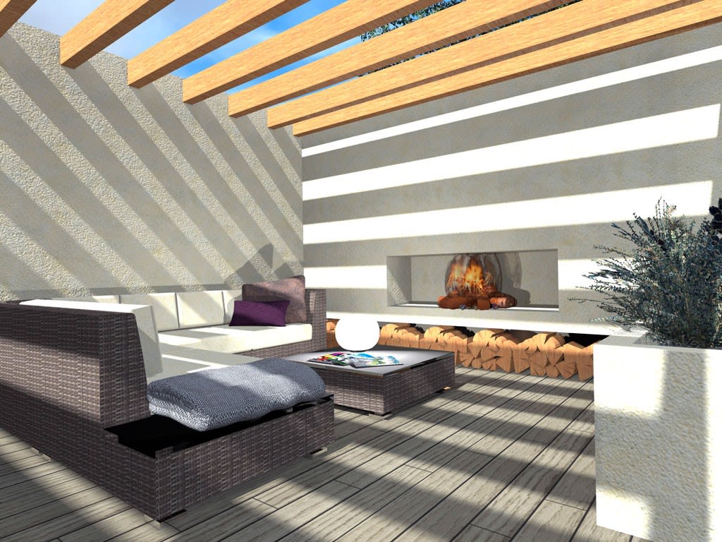 Utendørs lounge med rattansofa, innebygd peis, vedstabel og solstriper fra trebjelker.