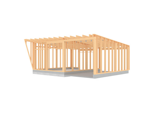 3D-rendering av lys trehusramme på grått betongfundament