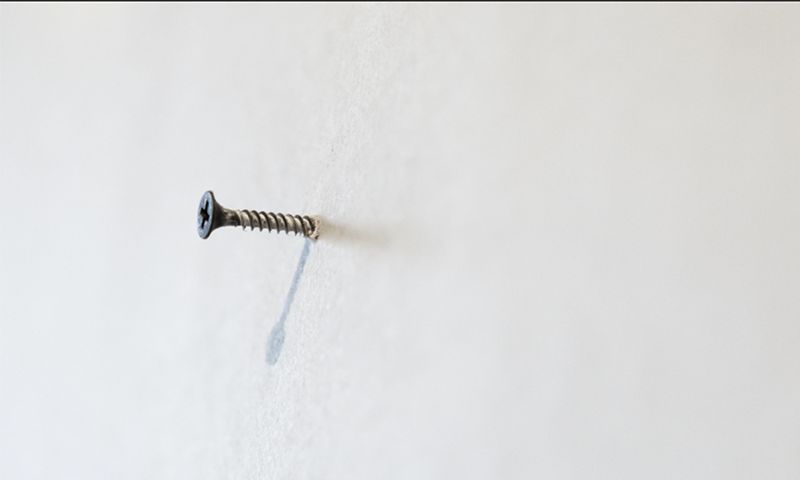 Nærbilde av metallskrue halvveis skrudd inn i ensfarget hvit vegg og skygge.