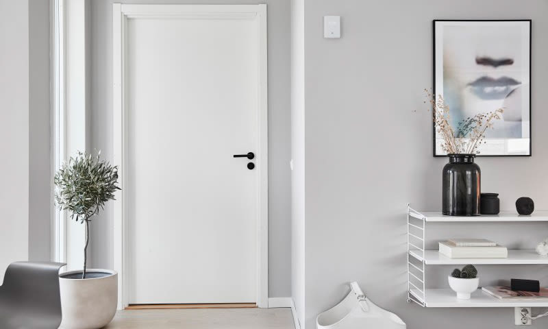 Lysegrå gang med hvit dør, oliventre i hvit potte, hylle med svart vase og abstrakt kunst