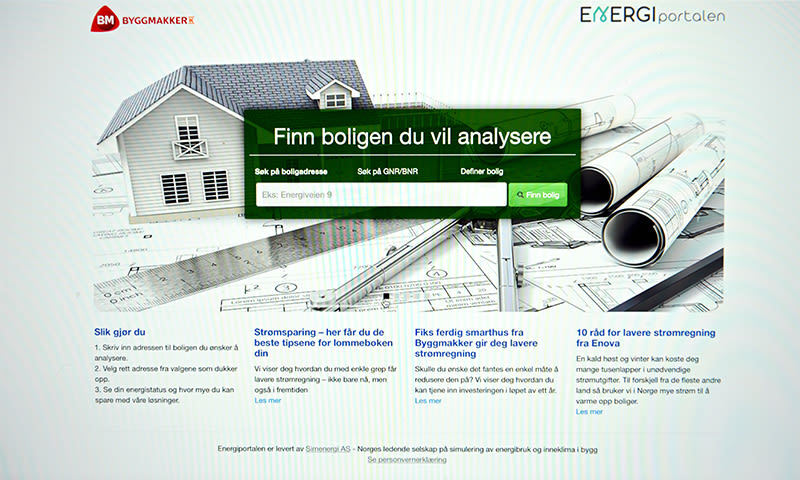 Nettside med grå husmodell på tegninger, ruller og grønn søkeboks «Finn boligen du vil analysere»