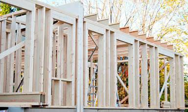 Uferdig husramme i lyse trestendere med stige, omgitt av høstfarget løvverk