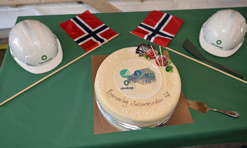 Kake med Gjensidige Klimabygg-logo på grønt dukbord, to norske flagg og hvite hjelmer.