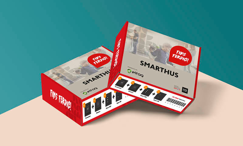 To røde og grå Smarthus-kasser med montørbilde, “Fiks ferdig!”-snakkeboble og elfag-logo