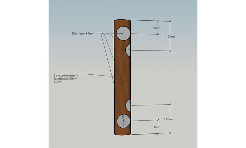 Teknisk tegning av brun rundstokk med tre 34 mm hull, jevnt fordelt, mål vist med linjer.