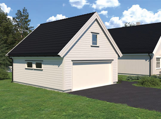 Hvit garasje med svart tak, svart innkjørsel, grønt gress og blå himmel med skyer.