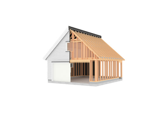 Halvbygd hus med hvitt ytterpanel, synlig trestenderverk og svart tak på betongplate.