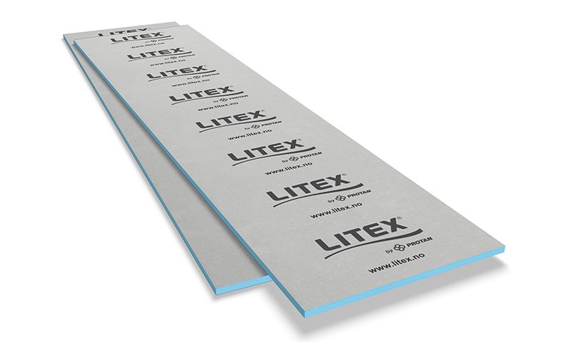 To grå isolasjonsplater med blå kjerne, merket LITEX, på hvit bakgrunn.