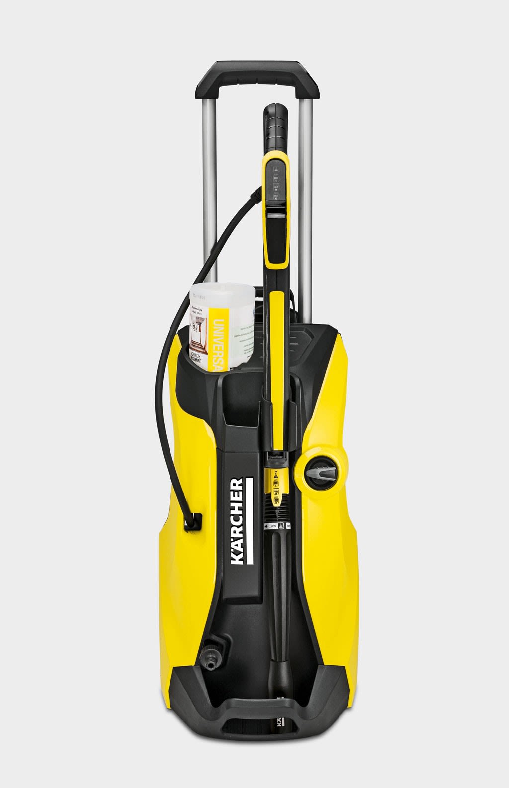 Gul og svart Kärcher høytrykksspyler med uttrekkbart håndtak og universalsåpeflaske