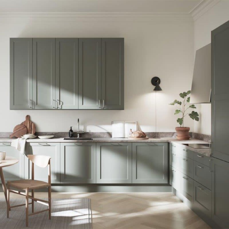 Solbelyst kjøkken med salviegrønne skap, eikegulv, enkel trestol, plante i leirpotte og brød