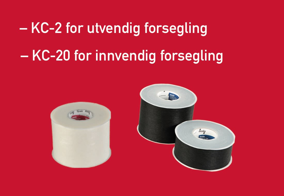Tre tape-ruller (én hvit, to svarte) for utvendig/innvendig forsegling på rød bakgrunn