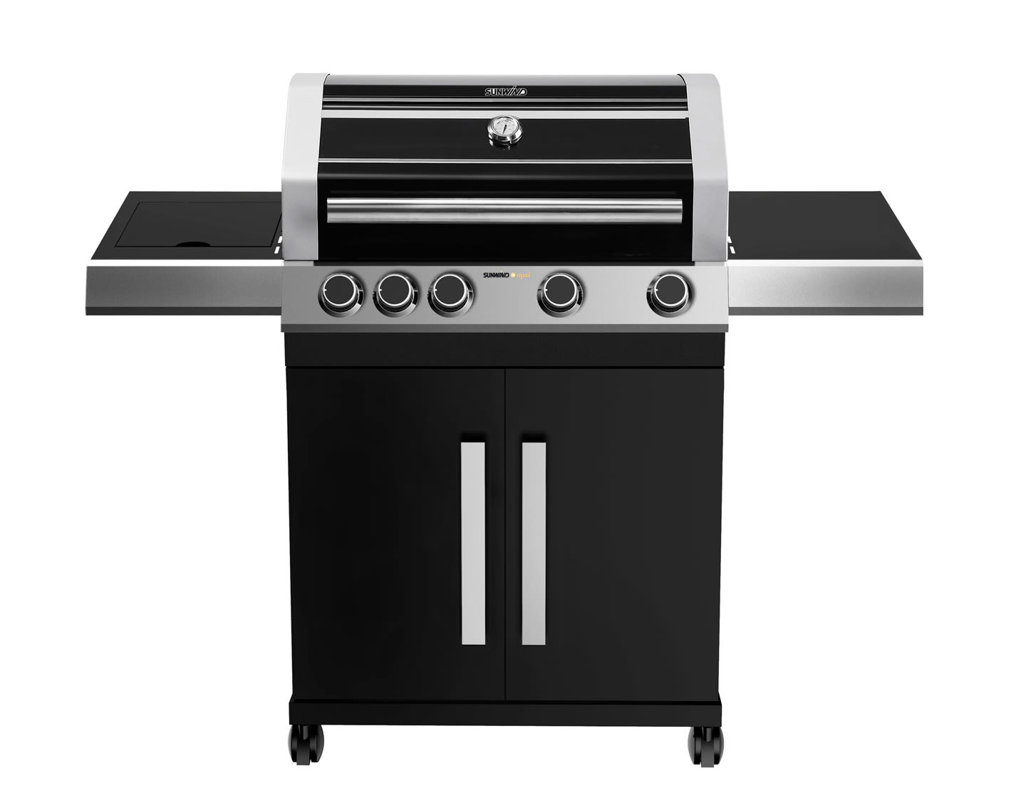 Moderne svart og sølvgrill med fire knotter, sidebord og lukket skap på hjul.