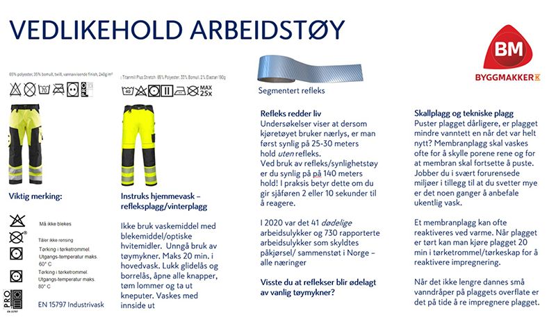 Plakat med neon gule arbeidsbukser med refleks, vedlikeholdsinstruksjoner og Byggmakker-logo.