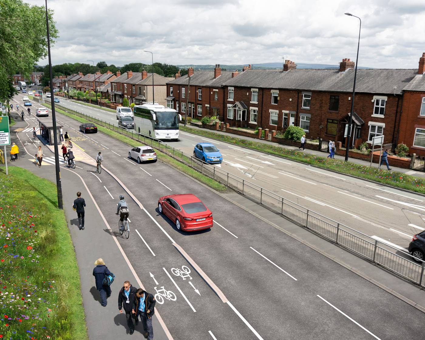 A visualisation of how Warrington Road in Wigan could look with cycling and walking facilities