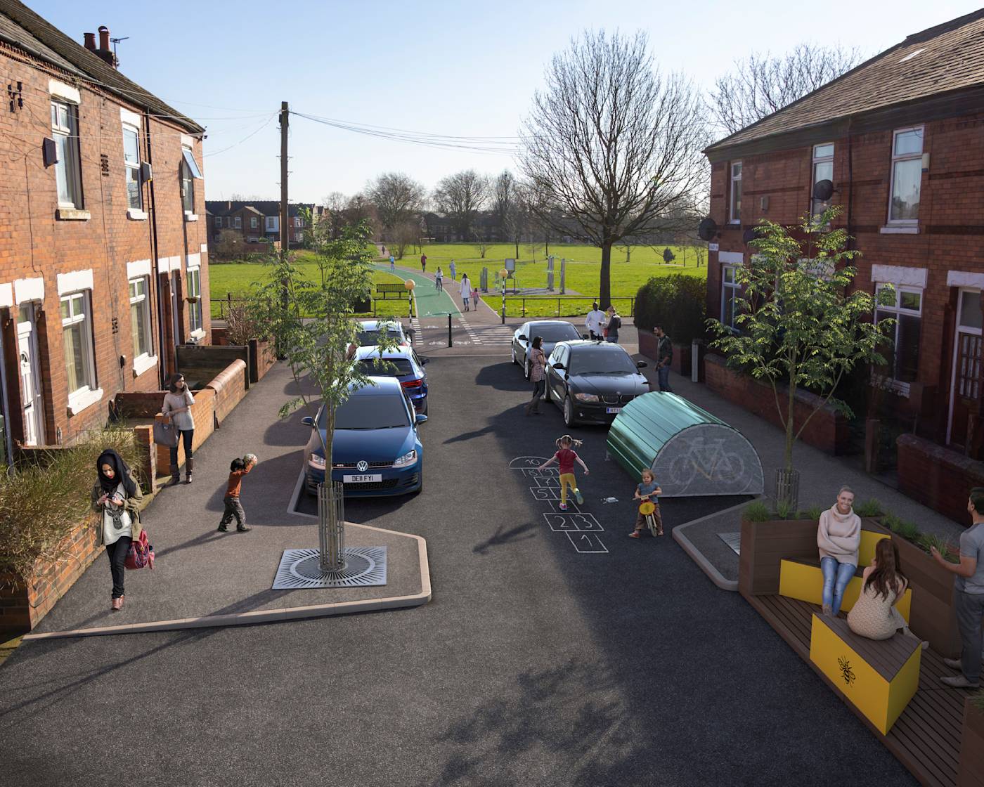 Visualisation of road in Levenshulme, with cycling and walking improvements