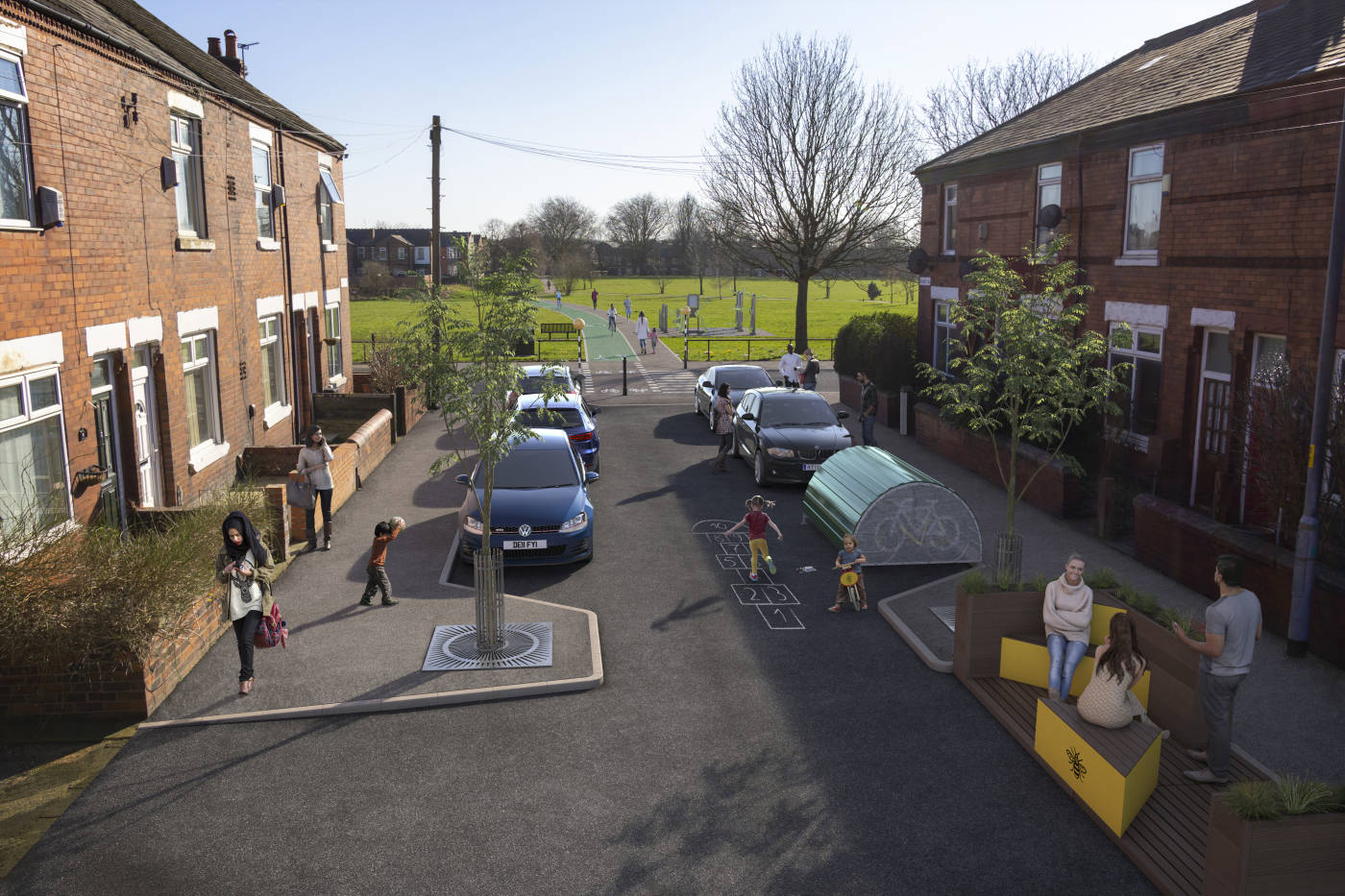 Visualisation of road in Levenshulme, with cycling and walking improvements
