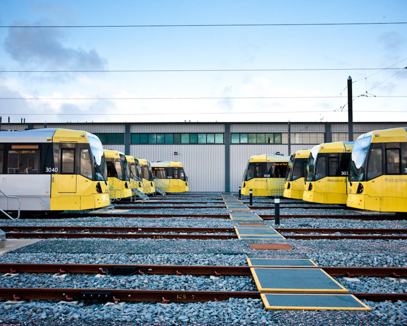 Metrolink trams lined up at the depot in Manchester